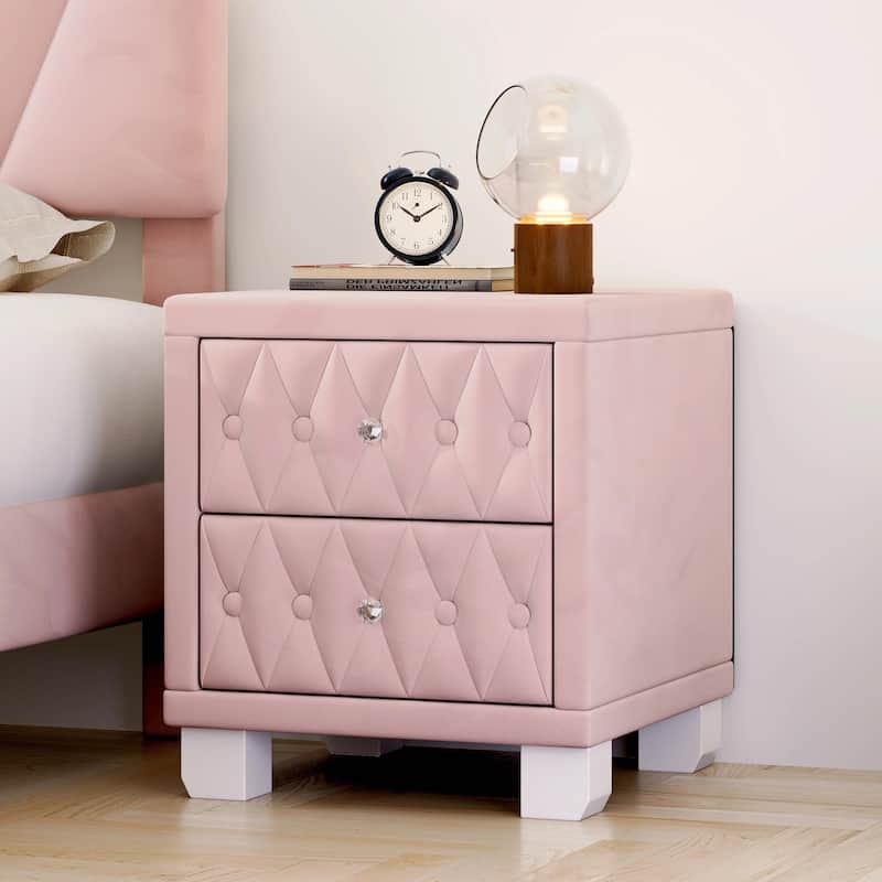 Velvet Nightstand with 2 Drawers and Crystal Handles