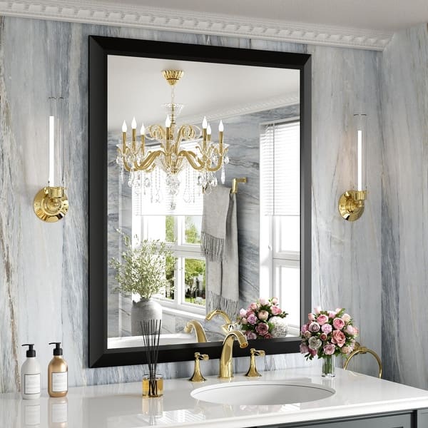 slide 2 of 15, Tempered Glass Metal Beveled Framed Wall Mounted Vanity Rectangular Mirror 36x28 - Black