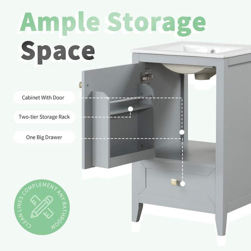20" Bathroom Vanity with Sink – Soft-Closing Door Cabinet Featuring Storage Rack and Drawer‌ - 20"L x 18.3"W x 34"H