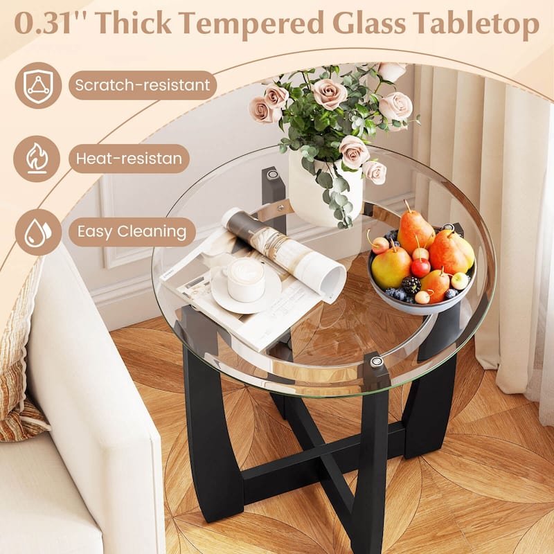 Costway 1/2 PCS 24" Round Side Table Glass End Table with Tempered - See Details
