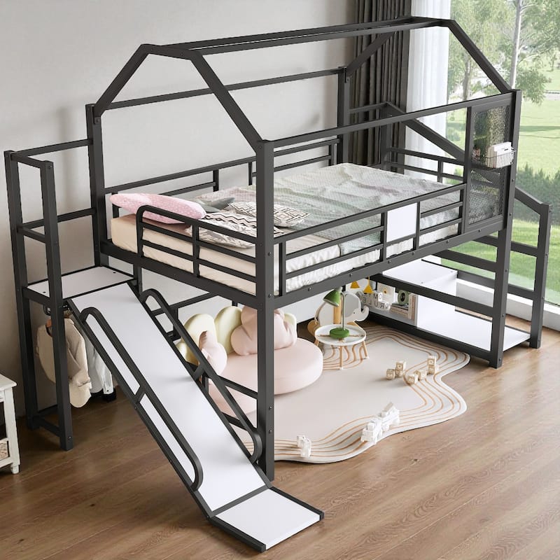 Twin/Full Metal House Loft Bed with Slide and Stairs, Kids Playhouse Bed with Roof, Storage Shelves & Guardrails