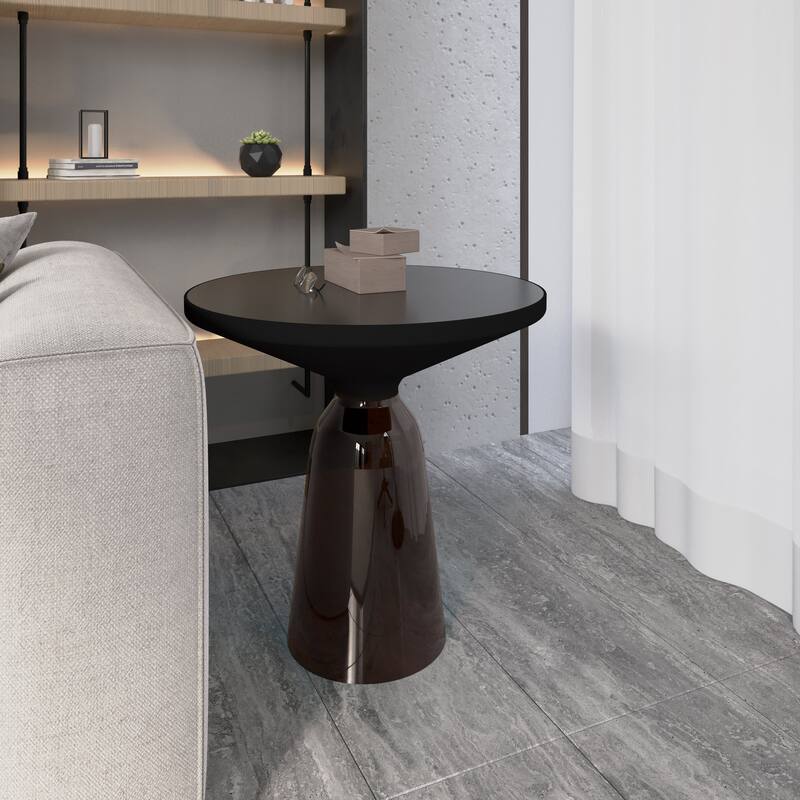 19-Inch Side Table Round Glass/Stone Tabletop End Table with Black Iron Rim and Glass Base
