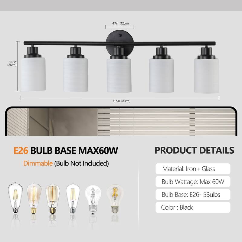 31" Modern 5-Light Vanity Wall Sconce, with Frosted Glass Shades for Bathroom or Hallway Lighting (No Bulbs)