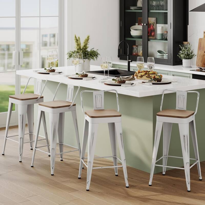 Industrial Style Counter Stools with Metal Frame 24" Kitchen Counter Height Stools with Low Back and Wooden Seat