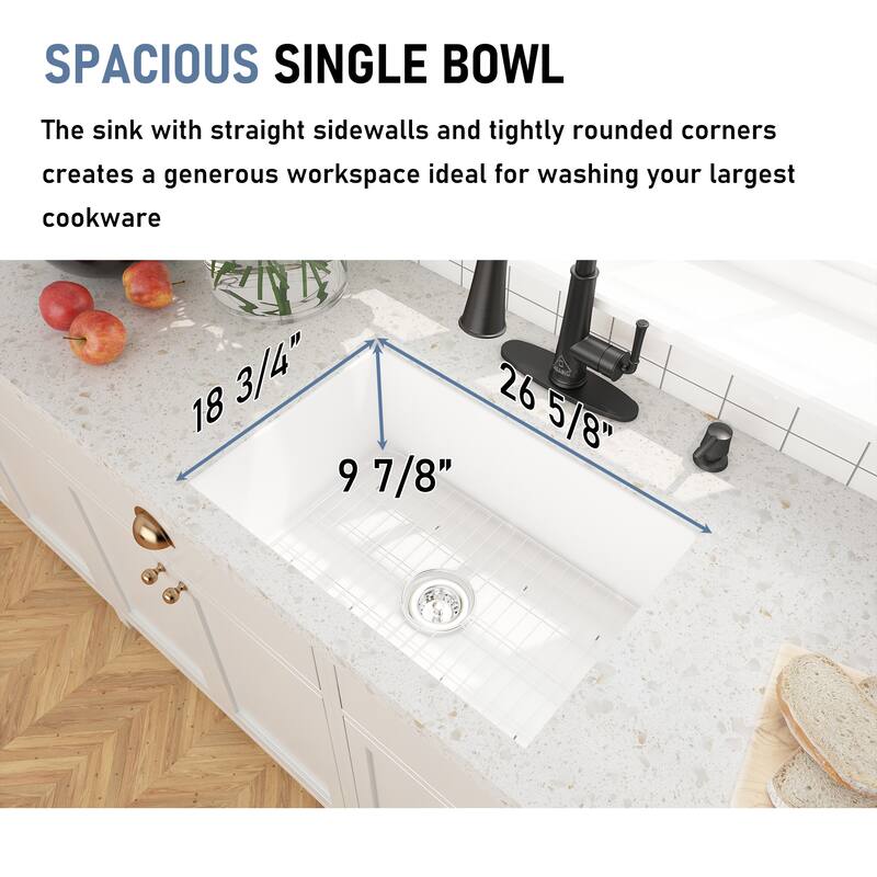 CASAINC All-in-One Fireclay 27 in. Single Bowl Undermount Kitchen Sink with Infrared Sensor Kitchen Faucet and Accessories