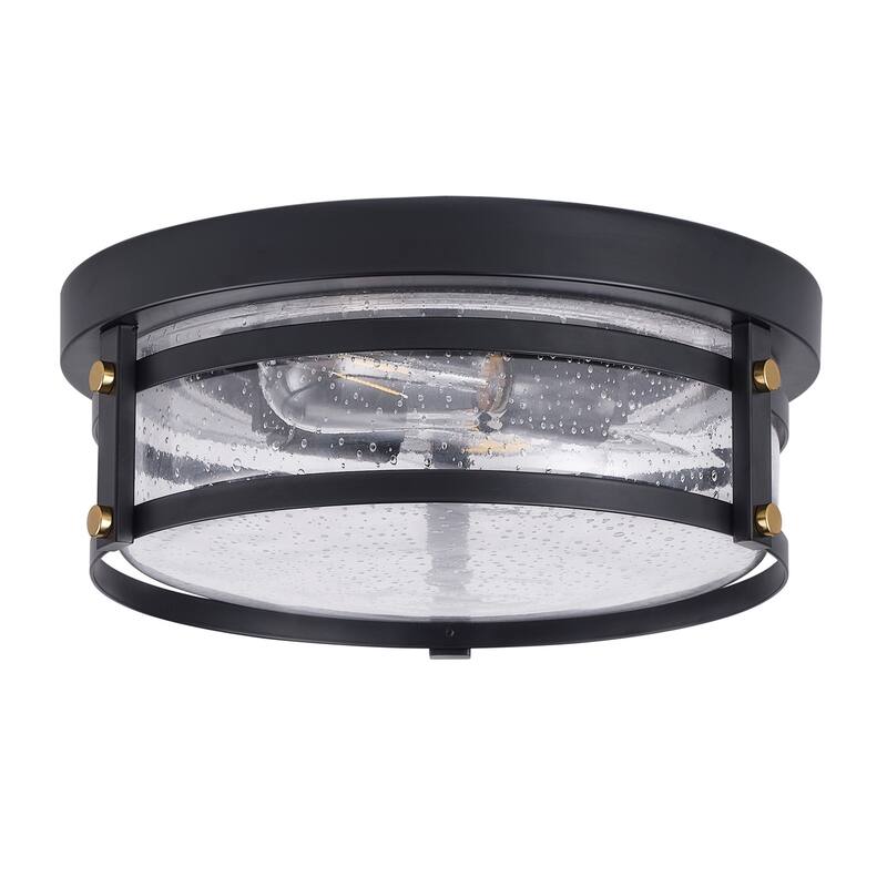 Farmhouse Matte Black 2-Light Seeded Glass Flush Mount Ceiling Lighting Fixture