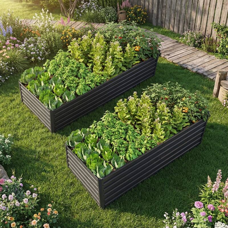 GDFStudio - Olivia Outdoor Galvanized Steel Raised Garden Bed Planter Box - 8x4x2 FT - Black+Set of 2