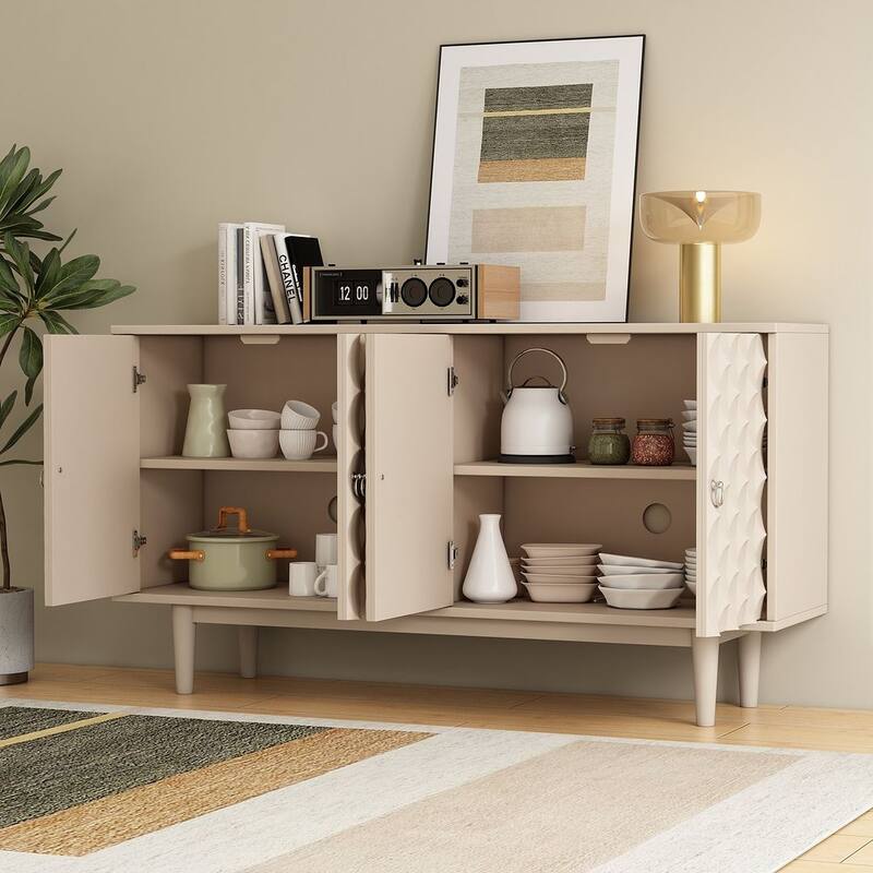 60" Modern 4-Door with Convex Pattern Doors and Silver Handles Buffet/Sideboard