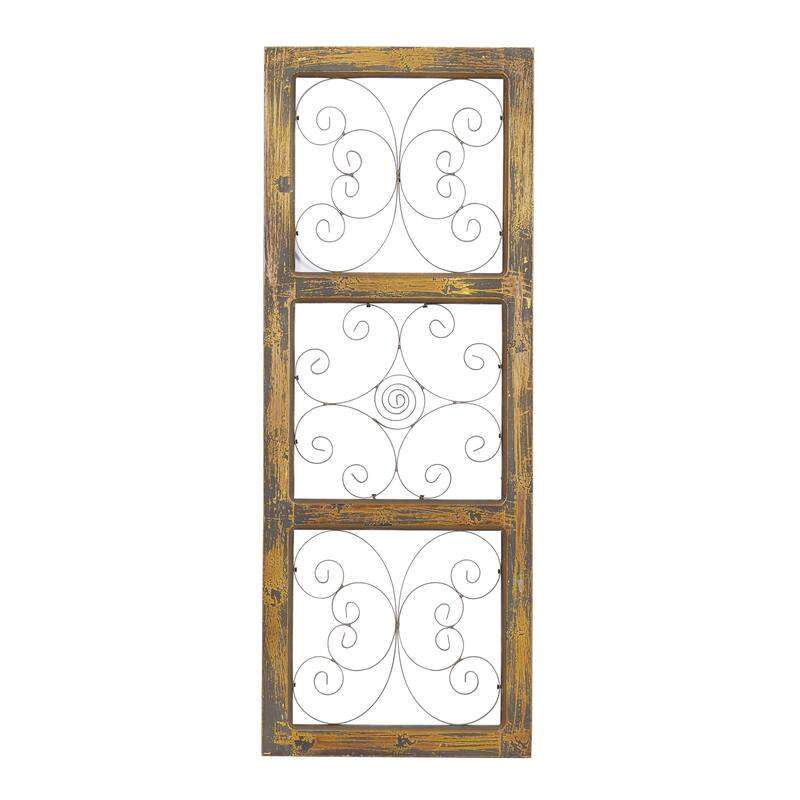 Wood Scroll Distressed Panel Home Wall Decor with Bronze Metal Scrollwork - Brown - Roche River Decor - Brown