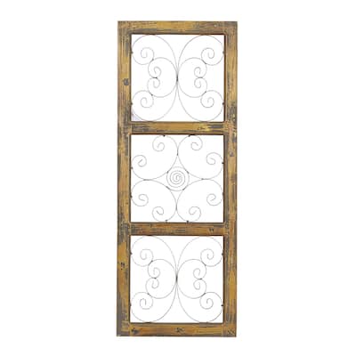 Wood Scroll Distressed Panel Home Wall Decor with Bronze Metal Scrollwork - Brown - Roche River Decor