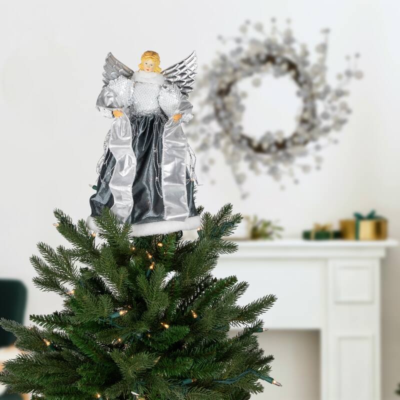 12" Slate Metallic Silver Sequined Angel Christmas Tree Topper, Unlit