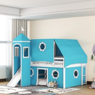 Blue Pine Wood Castle-Inspired Bunk Bed with Slide and Ladder