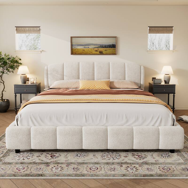 Christopher Knight Home Soft Boucle Fabric Upholstered Platform Bed with Curve-Shaped Design Headboard