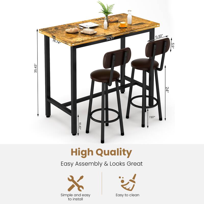 2 - Person Breakfast Nook Dining Set, Rectangular Pub Bistro Table and 2 Upholstered Chairs with Back for Home Kitchen