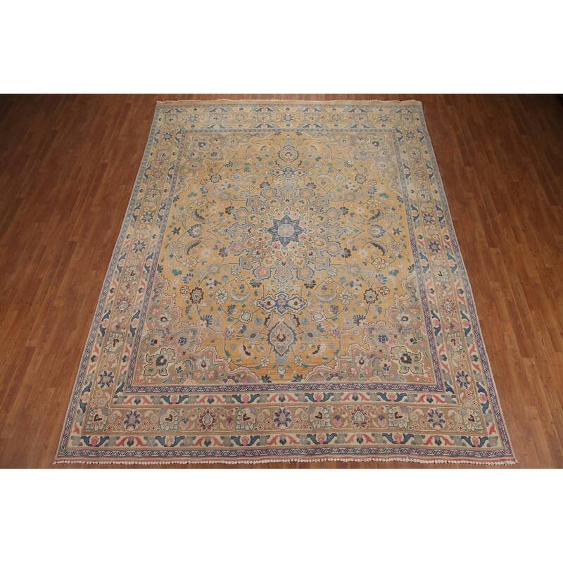 Hand Knotted Oriental 100% Wool Carpet Traditional Floral Yellow & Gold Mashad Area Rug - 12' 4'' X 9' 7''