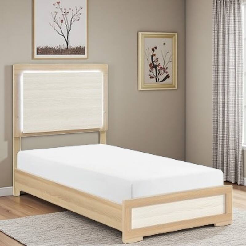 Twin Size Bed with LED Illuminated Panel Headboard, Natural and White Two-Tone Finish, Wooden Frame with Footboard and Rails - Twin Natural,White - Twin