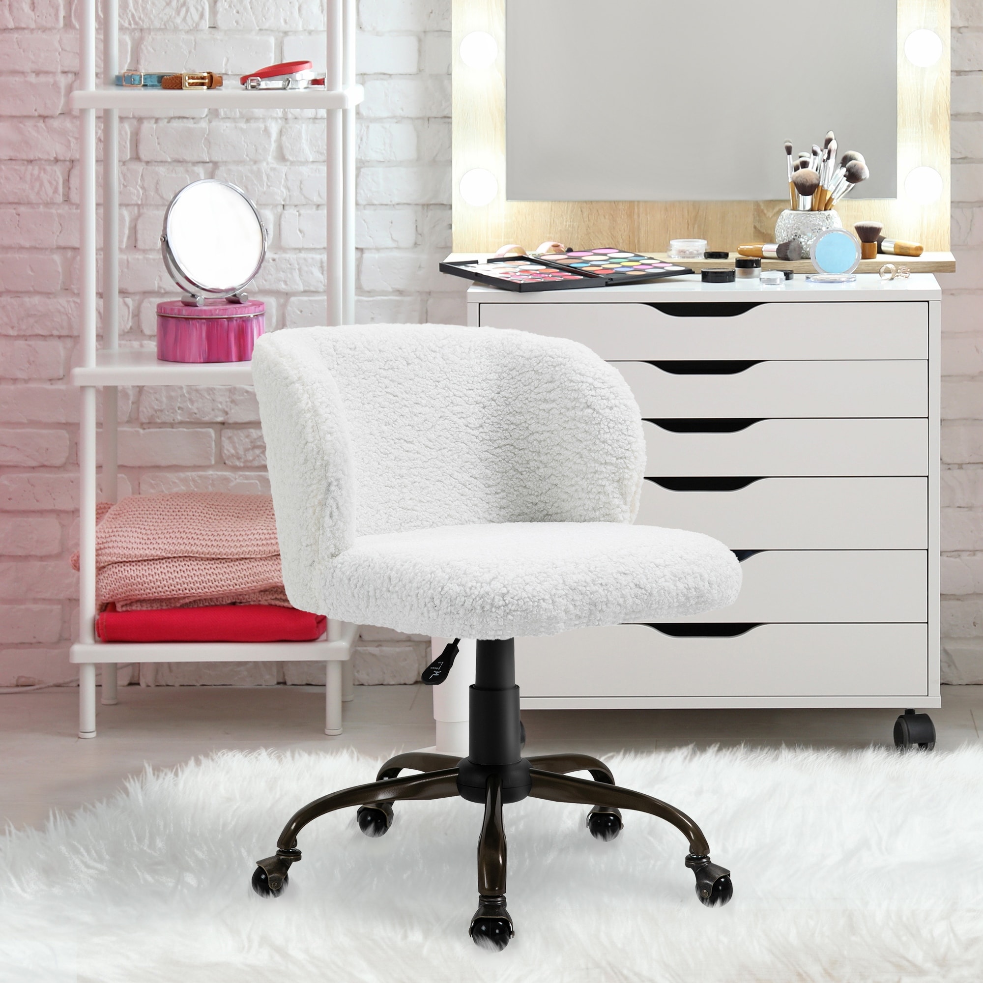 HOMCOM Swivel Accent Office Chair with Mid-Back Support, Padded Armrests, Adjustable Height and Bronze Wheels, White