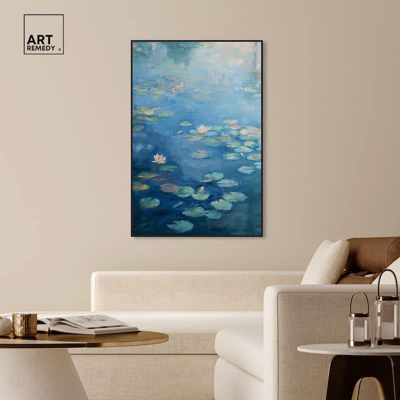 Art Remedy Lilypads In Blues Framed Impressionism 1 Piece Canvas Wall Art /Monet And Van Gogh Inspired Art