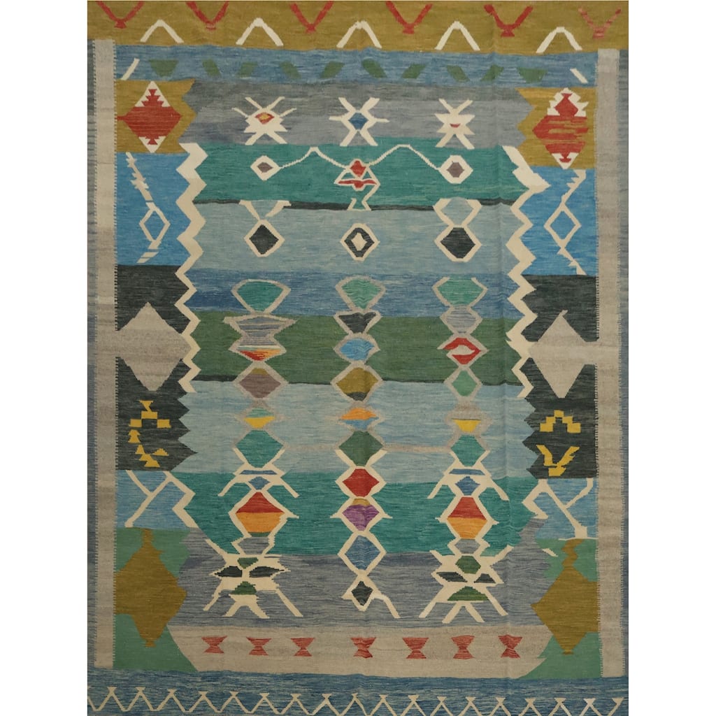 Hand Woven Oriental 100% Wool Carpet Southwestern Tribal Multi-Colored Kilim Area Rug - 9' 10'' X 9' 8''
