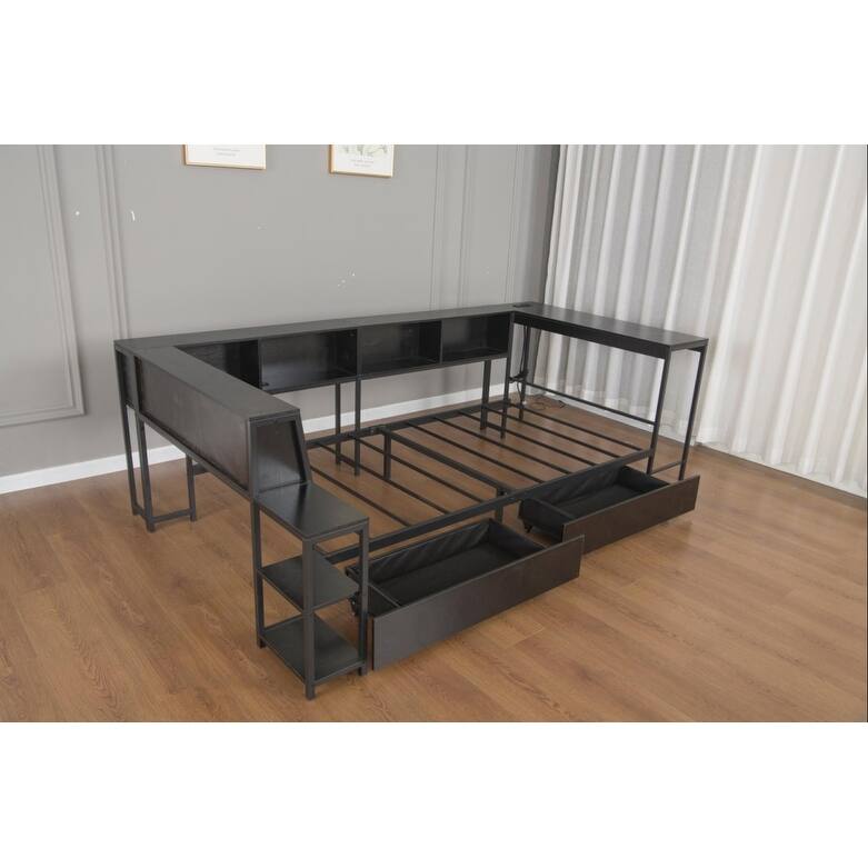 Full/Twin Corner Bed Frame with Bookcase, 2 Storage Drawers, LED Light & Charging Station