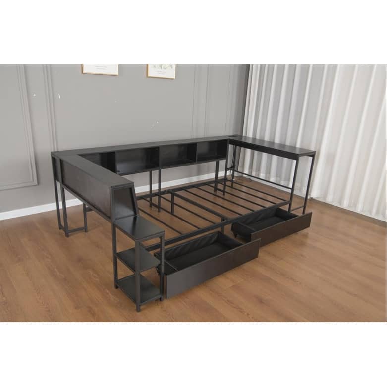 GDFStudio - Modern Corner Bed Frame with Bookcase, 2 Underbed Storage Drawers, LED Lighting & Charging Station