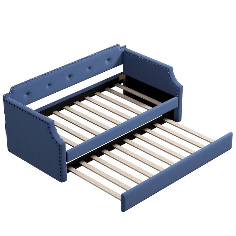 Twin Upholstered Daybed with Trundle and Nailhead Trim, Wood Slat Support