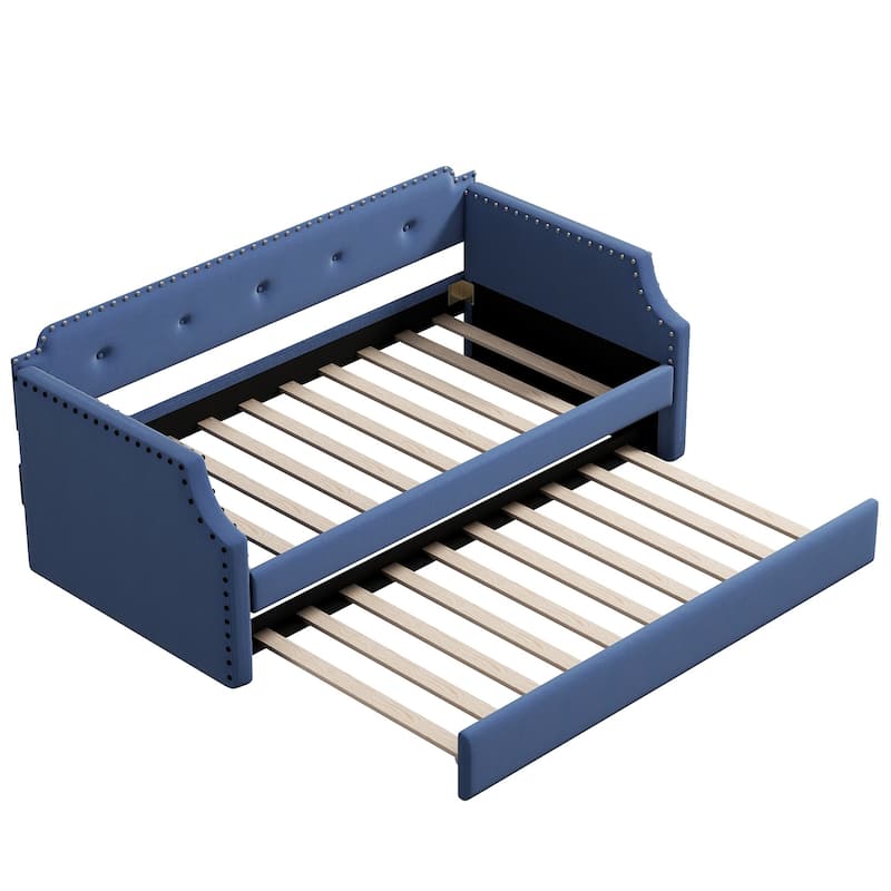 Upholstered Daybed with Trundle, Wood Slat Support,Upholstered Frame Sofa Bed, Twin