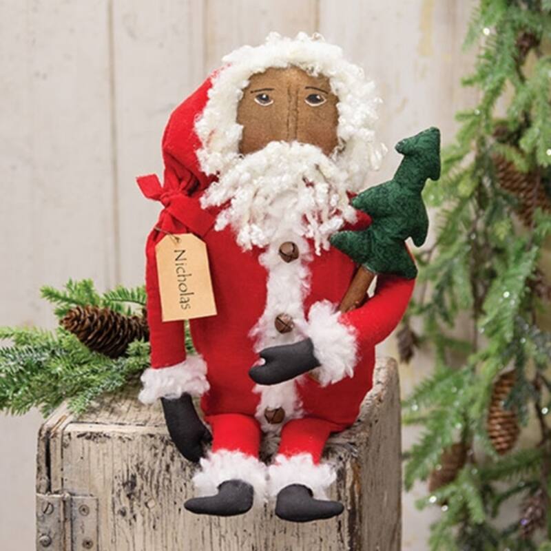 Primitive Nicholas Doll with Tree Plush Christmas Decor Freestanding Santa Figure - 16” high by 7” wide by 4” deep
