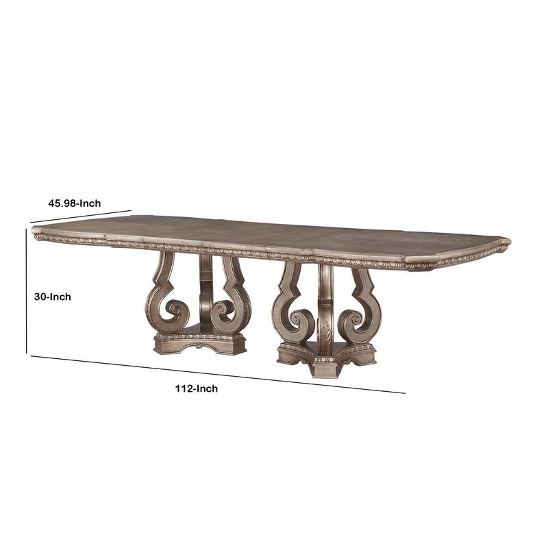 Wooden Extendable Dining Table with Double Pedestal Base, Silver
