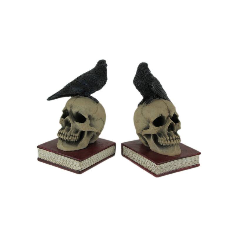 Evil Omen Raven On Skull Perch Decorative Bookend Set - 7 X 4.5 X 4 inches