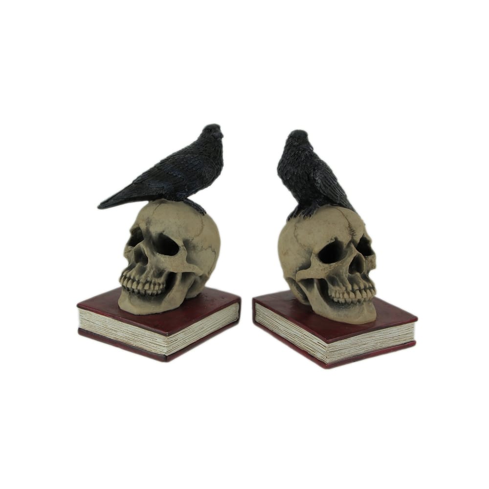 Evil Omen Raven On Skull Perch Decorative Bookend Set - 7 X 4.5 X 4 inches