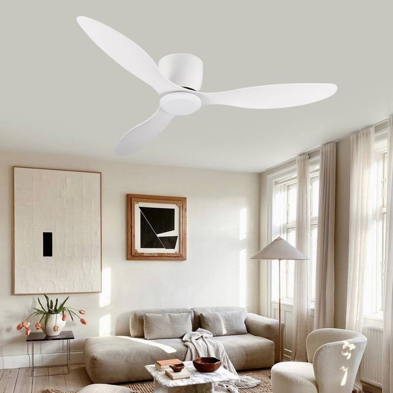 52" Flush Mount white Ceiling Fan without light, 3 Reversible Blades, with 6 Speeds Reversible DC Motor - Ancient White