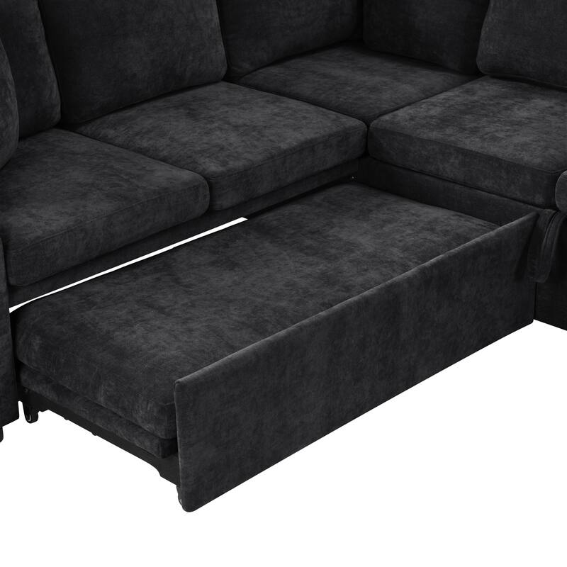 L-Shaped Sectional Sofa Bed, Chenille Upholstered Sleeper Sofa with Hidden Storage Compartment, 4 Seater Corner Sectional Sofa