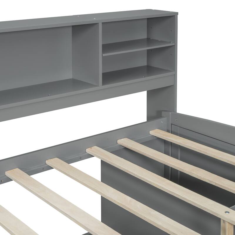 Full Size Wood Daybed with 2 Bedside Cabinets, Upper Shelves and 4 Drawers, Gray