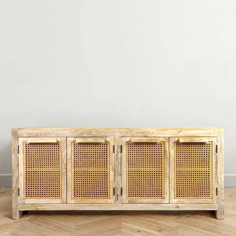 Mango Wood and Cane 4-Door Sideboard Cabinet - Natural