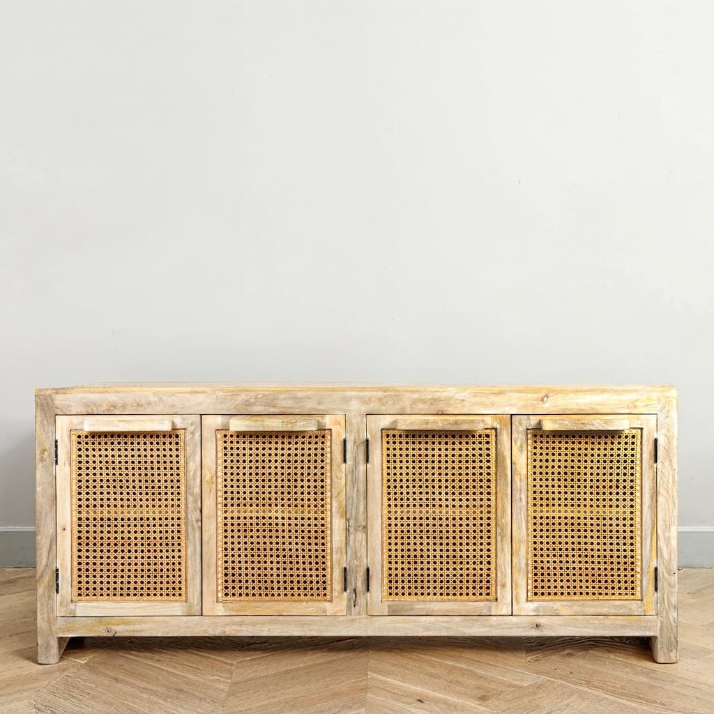 Mango Wood and Cane 4-Door Sideboard Cabinet