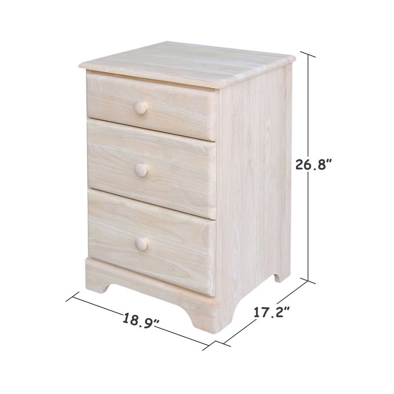 International Concepts Solid Wood 3-Drawer Nightstand, Wide Unfinished Ready to Finish Bedside Chest with Tiered Storage Drawers