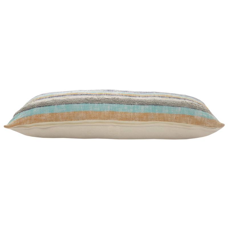 HomeRoots 14" X 36" Orange Turquoise Gray Blue And White 100% Cotton Striped Zippered Pillow