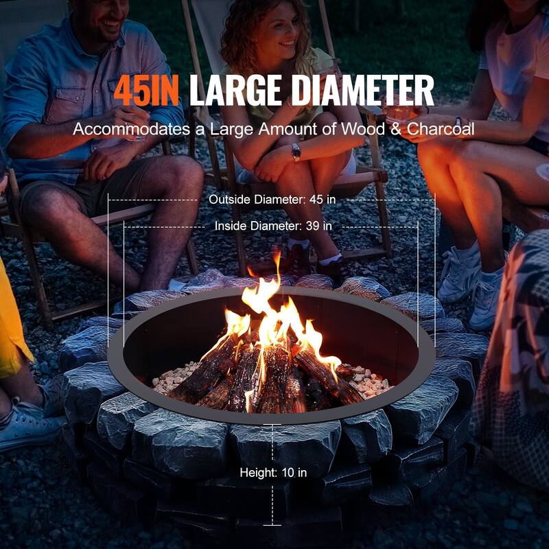 Black Carbon Steel Round Ring Fire Pit Perfect for Outdoor Special Events or Holiday Gatherings