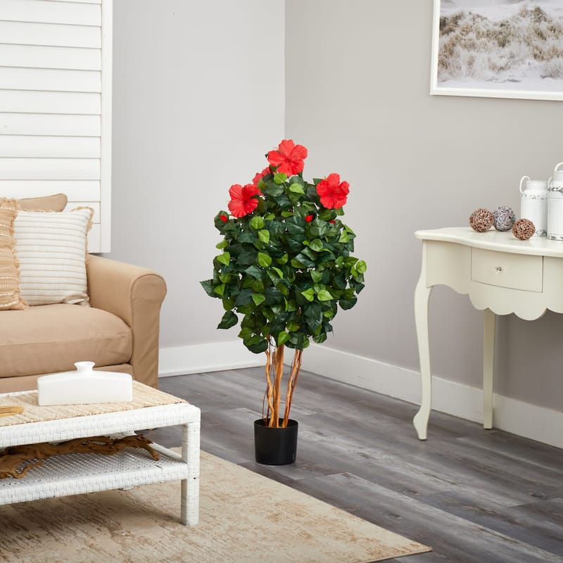 Artificial Hibiscus Tree 4ft - Indoor Outdoor Decorative Plant, Realistic Faux Tree for Home Office Decor - 4ft.