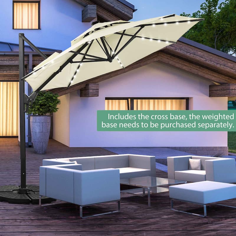 10ft Patio Umbrella Aluminum Offset Outdoor Cantilever Umbrella with 360-degree Rotation, Base Not Included - Beige-With Lights