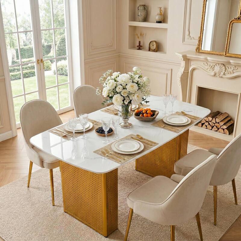 Modern Marble-Patterned Tempered Glass Dining Table, Rectangular Kitchen Table with Dual-Pedestal Metal Base