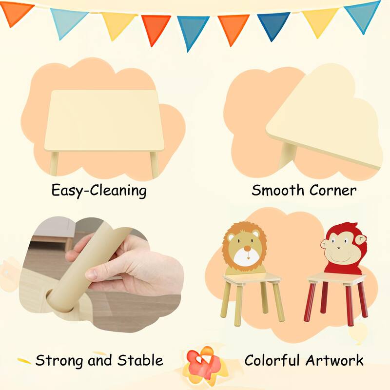 Kids Wooden Table with 2 Chairs, 3-Piece Activity Play Set, Cartoon Lion & Monkey Theme