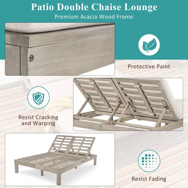 Patio Outdoor Chaise Lounge w/ Cushion & Folding Side Trays & 5-Position Backrest, Gray