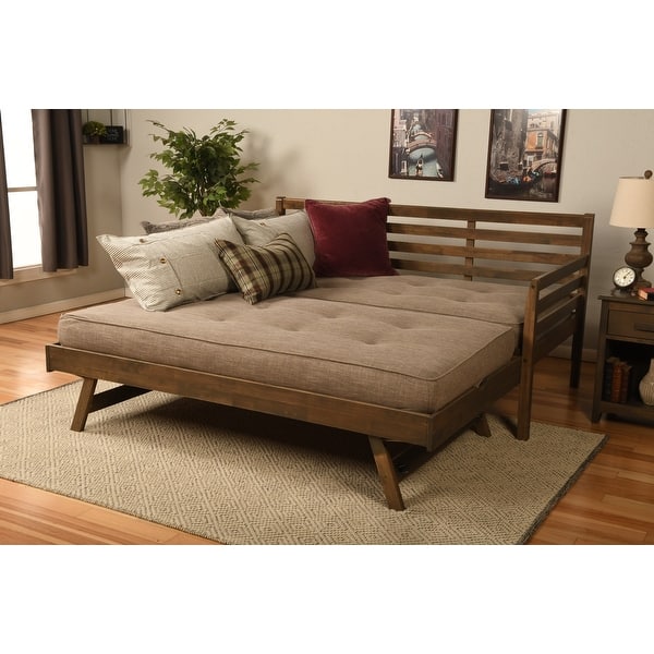 slide 2 of 12, Somette Boho Daybed and Pop Up Bed in Rustic Walnut with Mattresses Linen Stone