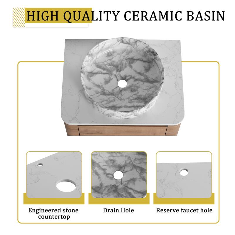 24'' Wall-Mounted Bathroom Vanity With Ceramic Art Sink & 1-Soft-Close Door,KD-Packing, Plywood
