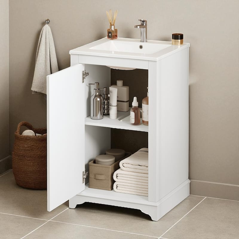 20 Inch Bathroom Vanity with Ceramic Sink, Freestanding Single Vanity Cabinet with Soft-Close Door and Adjustable Shelf