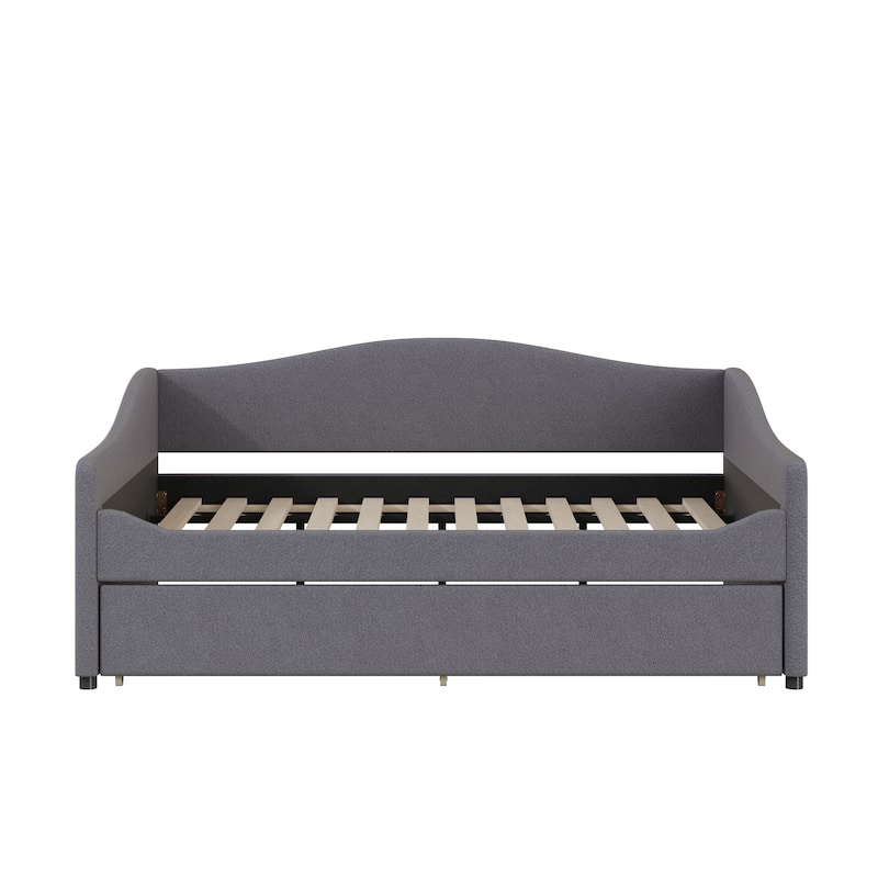 Full Size Upholstered Daybed with Trundle, Gray, Light Stripes, Modern Design