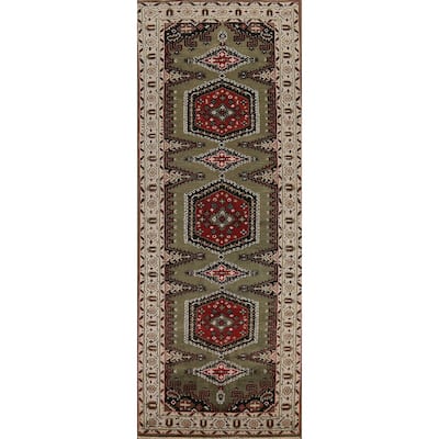 Green Geometric Viss Indian Runner Rug Handmade Wool Carpet - 4'1"x 11'10"
