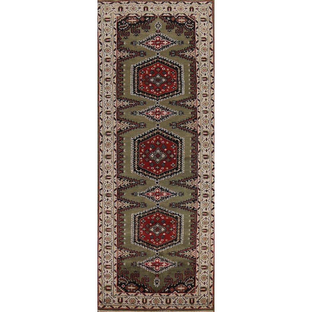 Green Geometric Viss Indian Runner Rug Handmade Wool Carpet - 4'1"x 11'10"